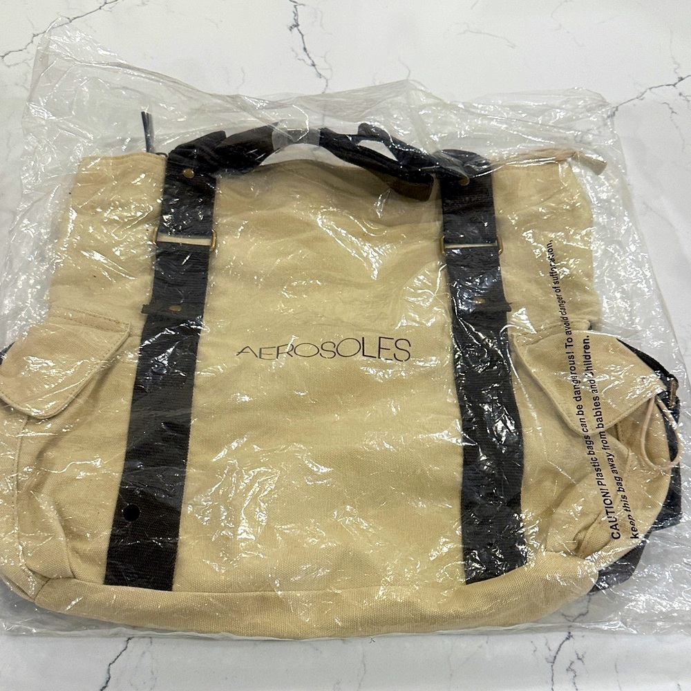 Vintage AEROSOLES Tan and Black Canvas Tote Bag